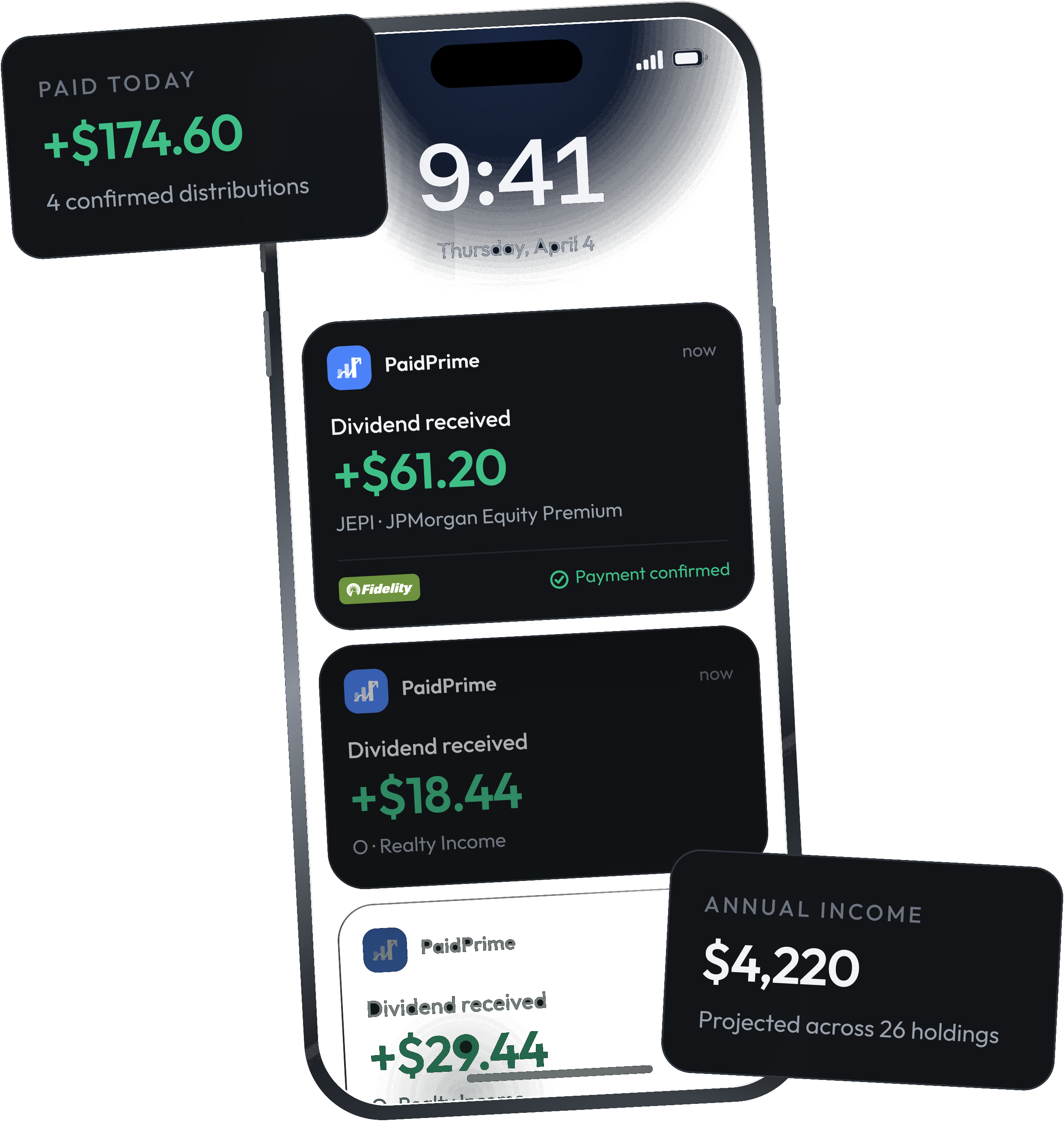 PaidPrime lock screen with dividend notifications and income cards